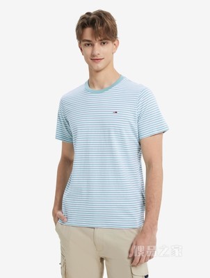 Tommy 男装春秋经典青春纯棉条纹圆领针织短袖T恤DM0DM05515