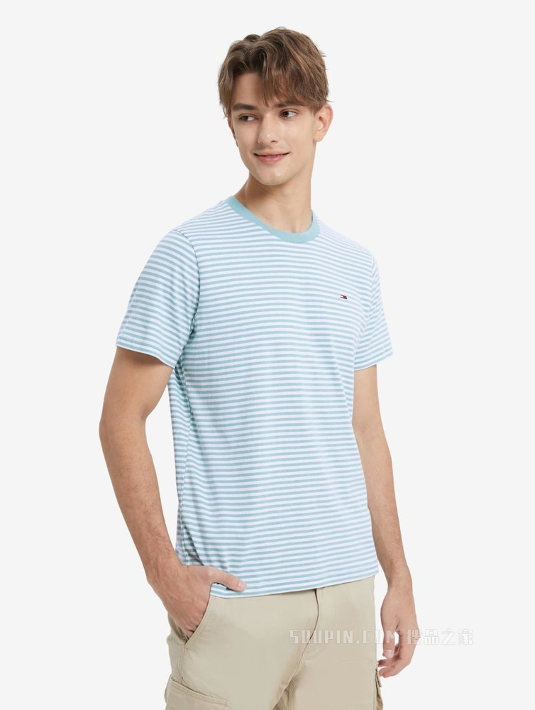 Tommy 男装春秋经典青春纯棉条纹圆领针织短袖T恤DM0DM05515