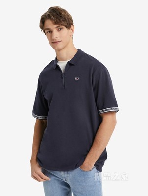Tommy 22新款春夏男装珠地棉LOGO提花拉链半开襟短袖POLO衫12961