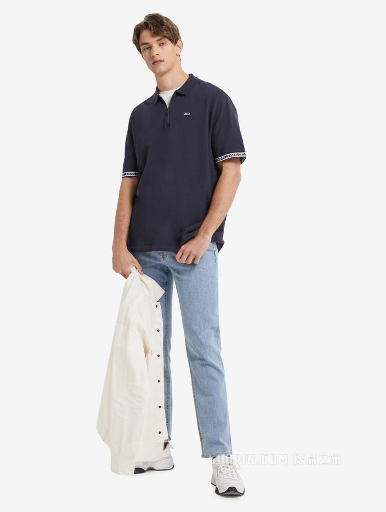 Tommy 22新款春夏男装珠地棉LOGO提花拉链半开襟短袖POLO衫12961