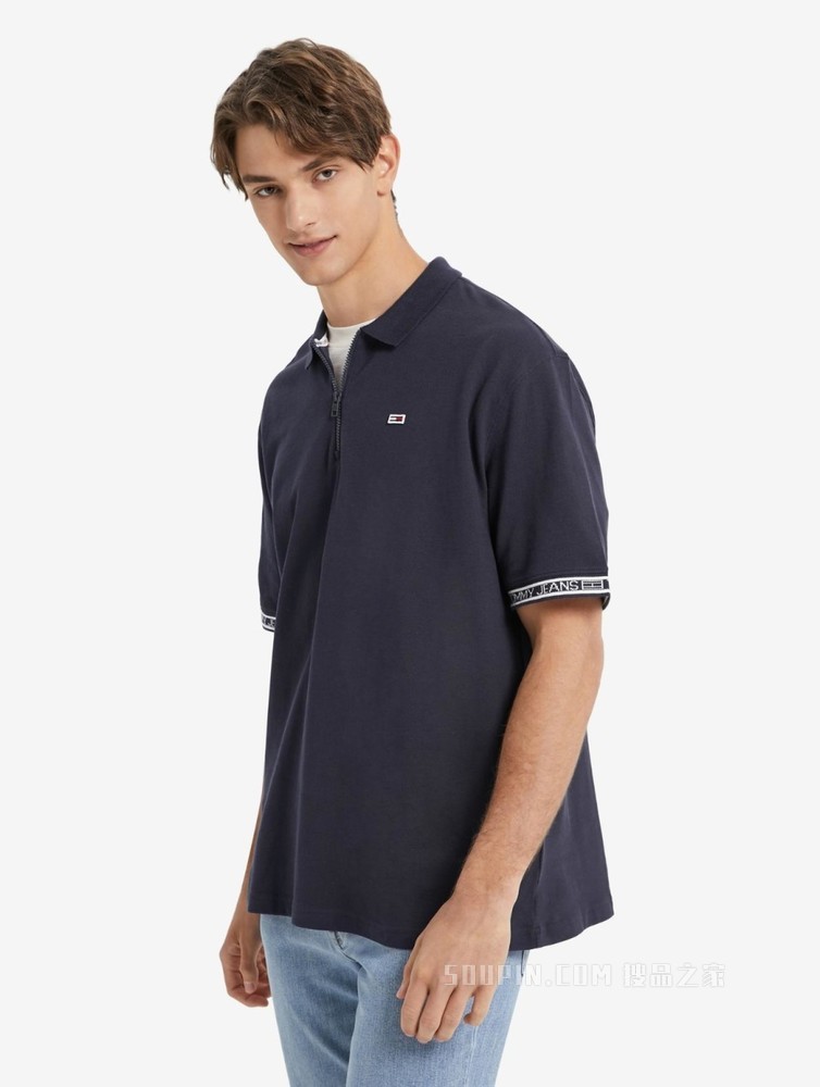 Tommy 22新款春夏男装珠地棉LOGO提花拉链半开襟短袖POLO衫12961