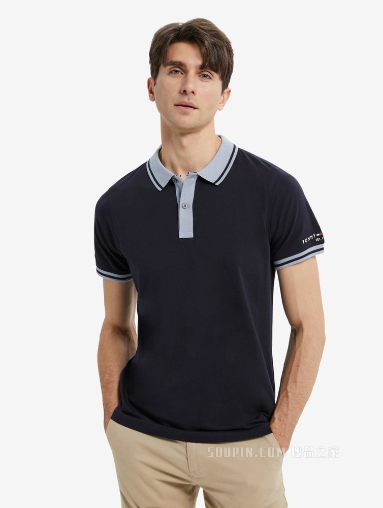 Tommy 22新款春夏男装时尚纯棉刺绣镶边翻领修身短袖POLO衫24597