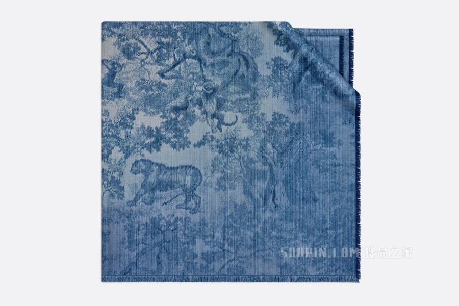 Dior 印花披肩 丹宁蓝色桑蚕丝和羊毛混纺面料 Sauvage 茹伊印花