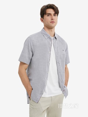 Tommy 22新款春夏男装时尚小绣标纽扣加固翻领条纹短袖衬衫23146