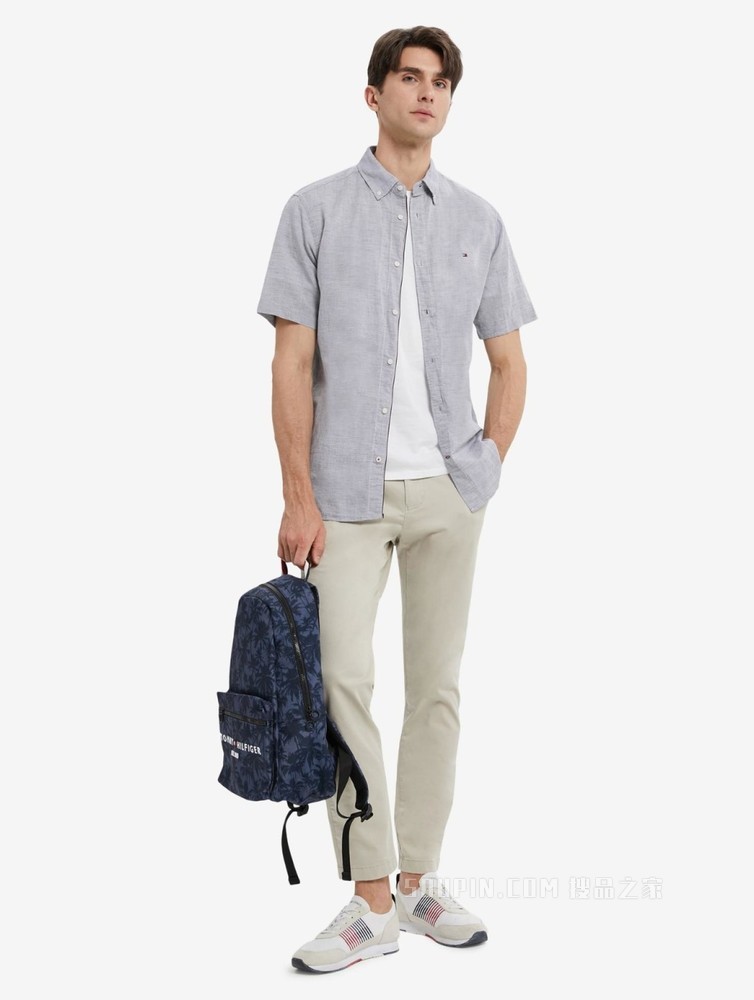 Tommy 22新款春夏男装时尚小绣标纽扣加固翻领条纹短袖衬衫23146