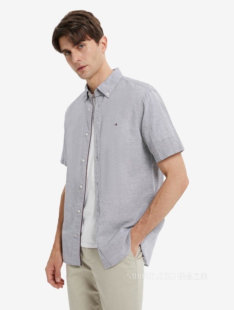 Tommy 22新款春夏男装时尚小绣标纽扣加固翻领条纹短袖衬衫23146