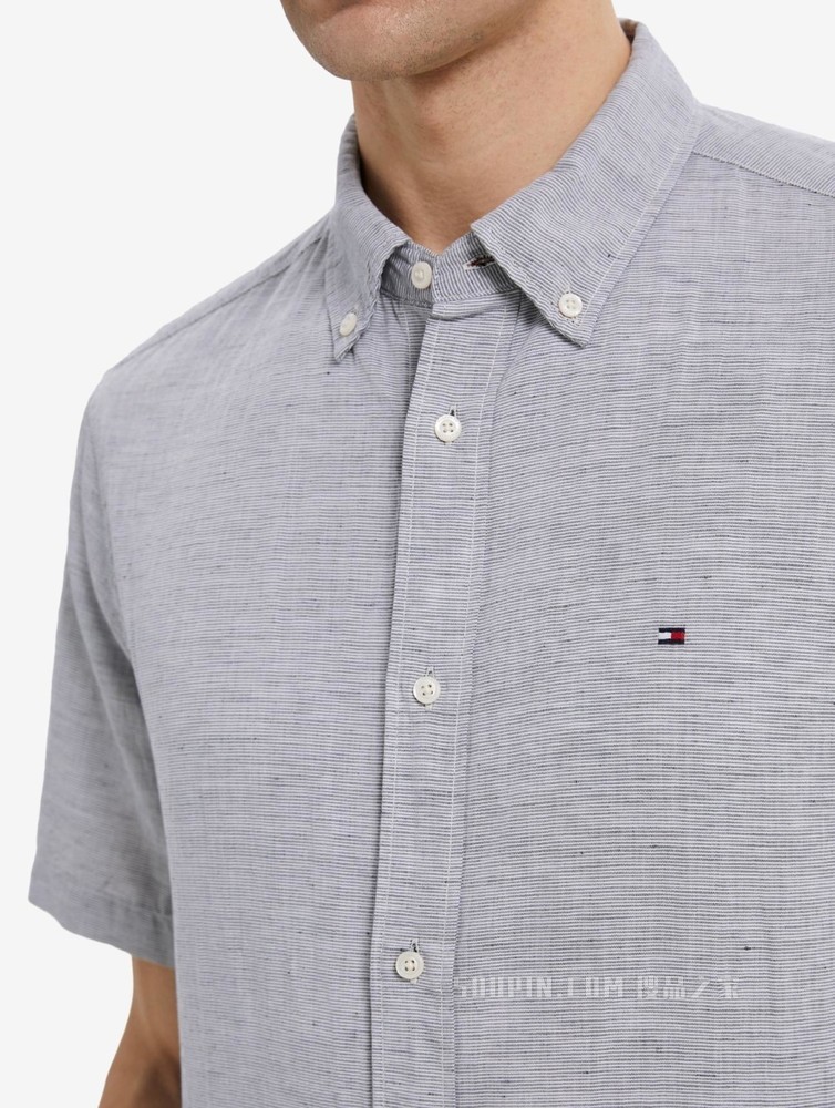 Tommy 22新款春夏男装时尚小绣标纽扣加固翻领条纹短袖衬衫23146