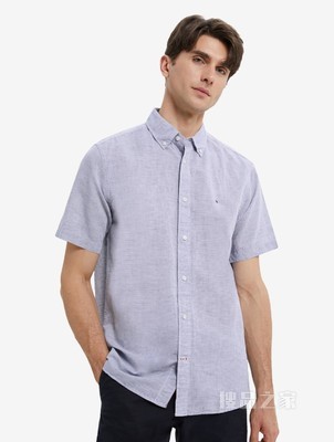 Tommy 22新款春夏男装时尚小绣标纽扣加固翻领条纹短袖衬衫23146