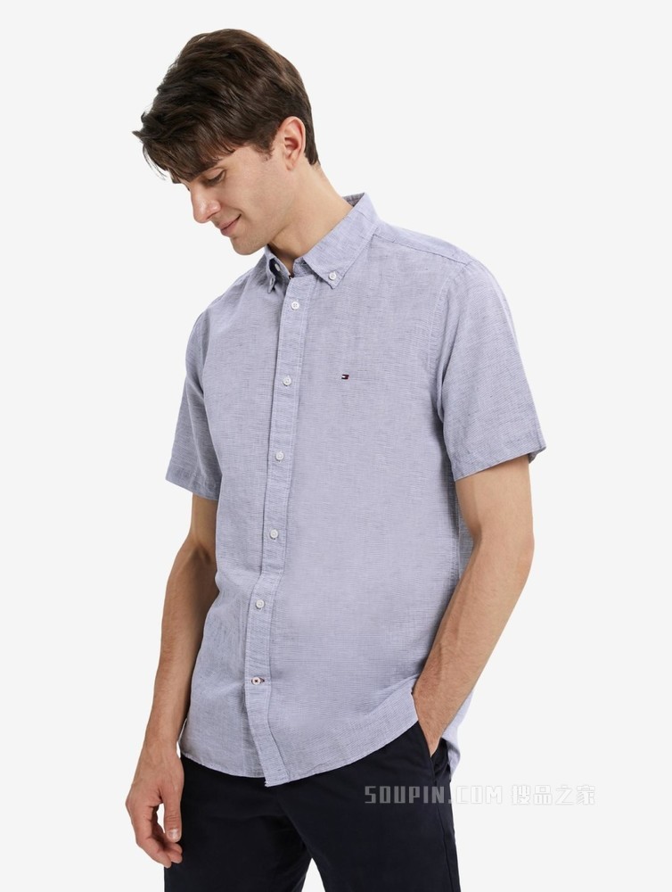 Tommy 22新款春夏男装时尚小绣标纽扣加固翻领条纹短袖衬衫23146