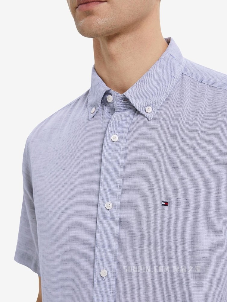 Tommy 22新款春夏男装时尚小绣标纽扣加固翻领条纹短袖衬衫23146