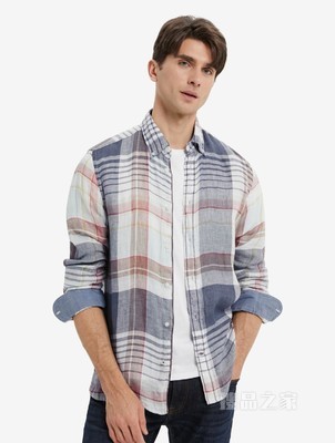 Tommy 22新款春夏男装学院风舒适亚麻纽扣加固格子长袖衬衫23149