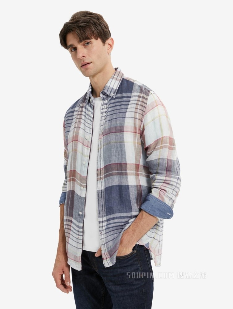 Tommy 22新款春夏男装学院风舒适亚麻纽扣加固格子长袖衬衫23149