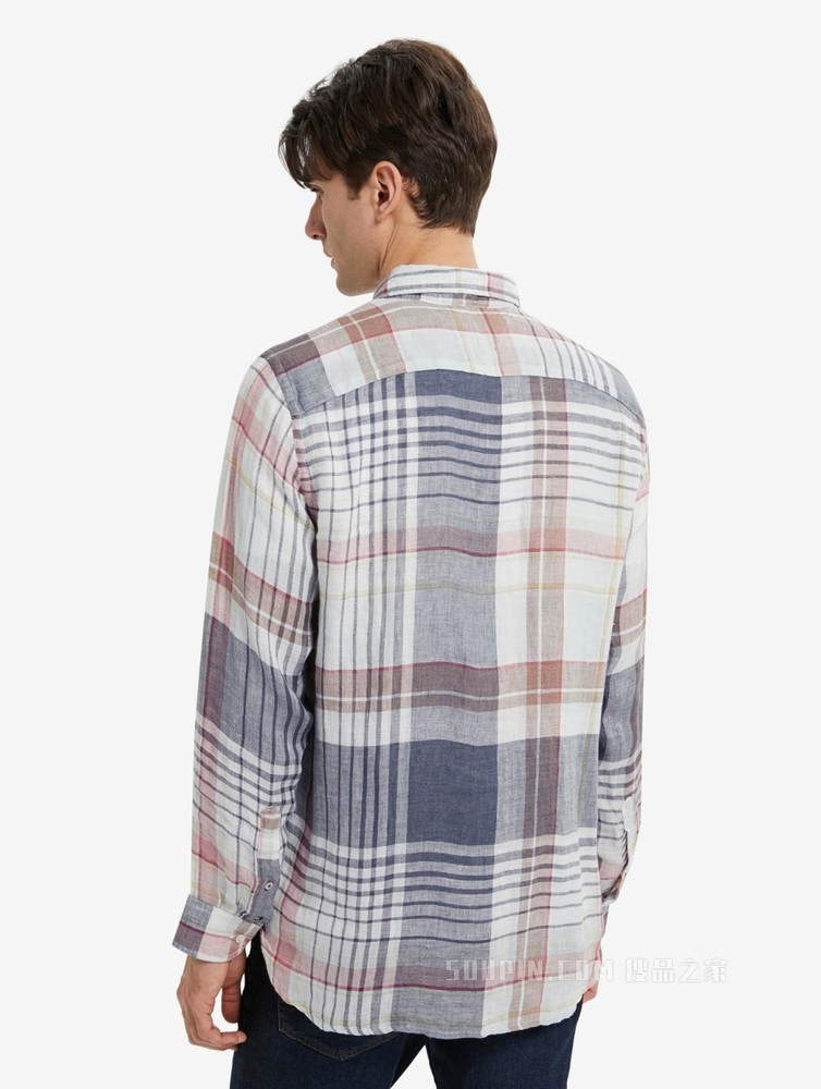 Tommy 22新款春夏男装学院风舒适亚麻纽扣加固格子长袖衬衫23149