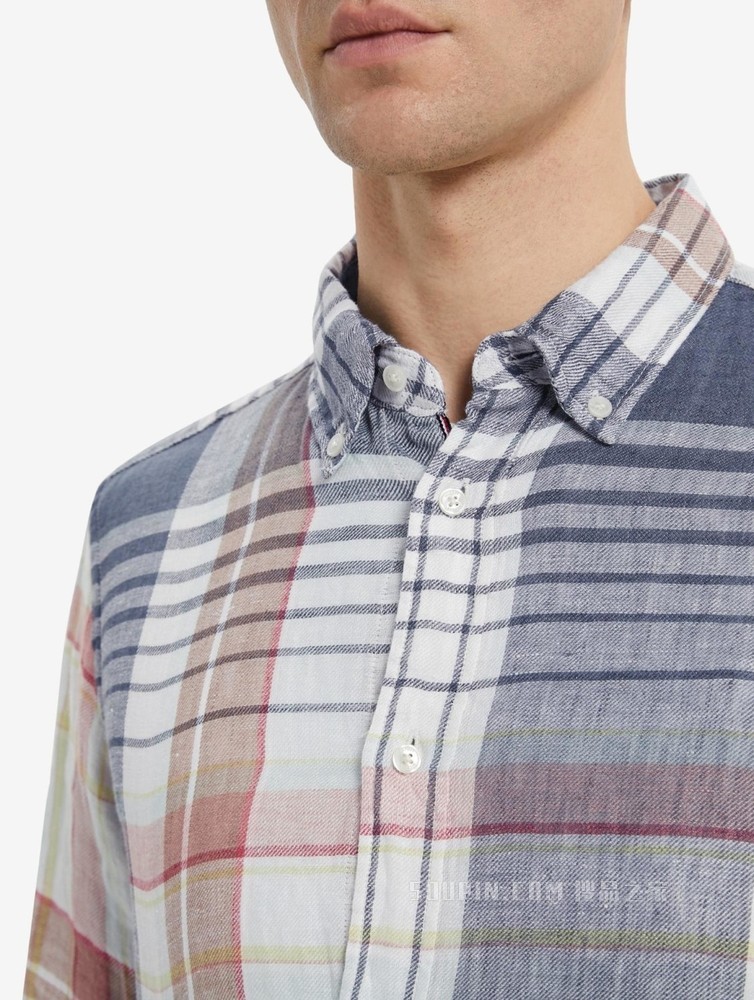 Tommy 22新款春夏男装学院风舒适亚麻纽扣加固格子长袖衬衫23149