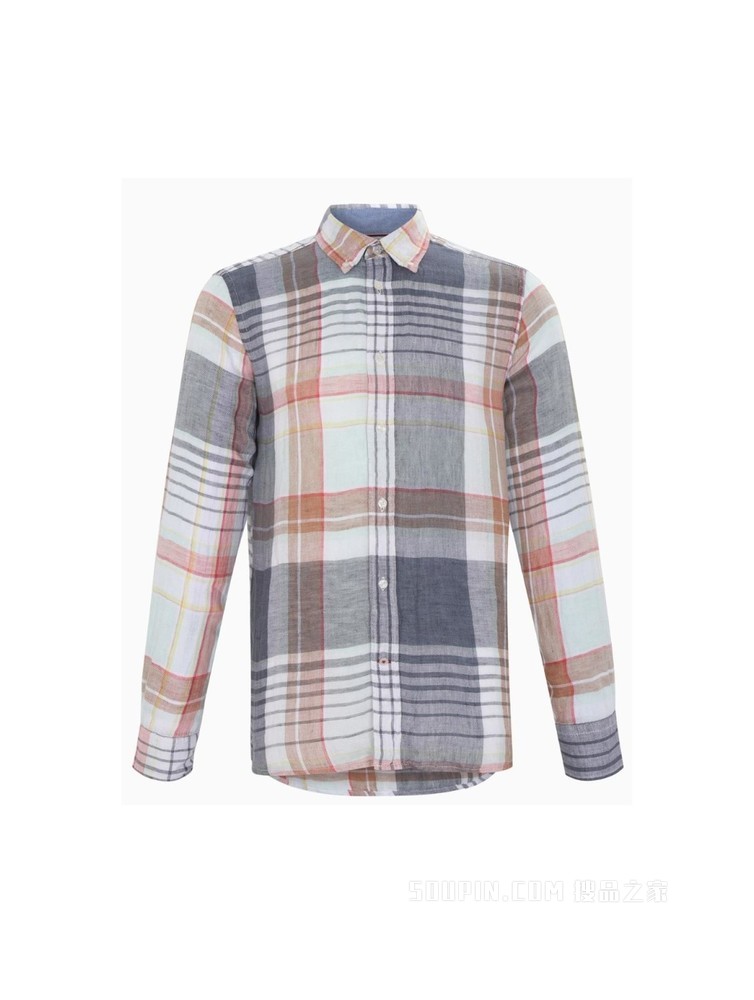 Tommy 22新款春夏男装学院风舒适亚麻纽扣加固格子长袖衬衫23149