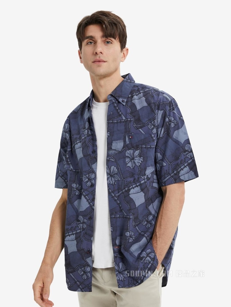 Tommy 22新款春夏男装时尚纯棉府绸花卉图案宽松短袖衬衫23162