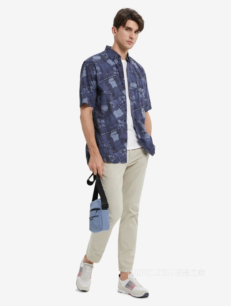Tommy 22新款春夏男装时尚纯棉府绸花卉图案宽松短袖衬衫23162