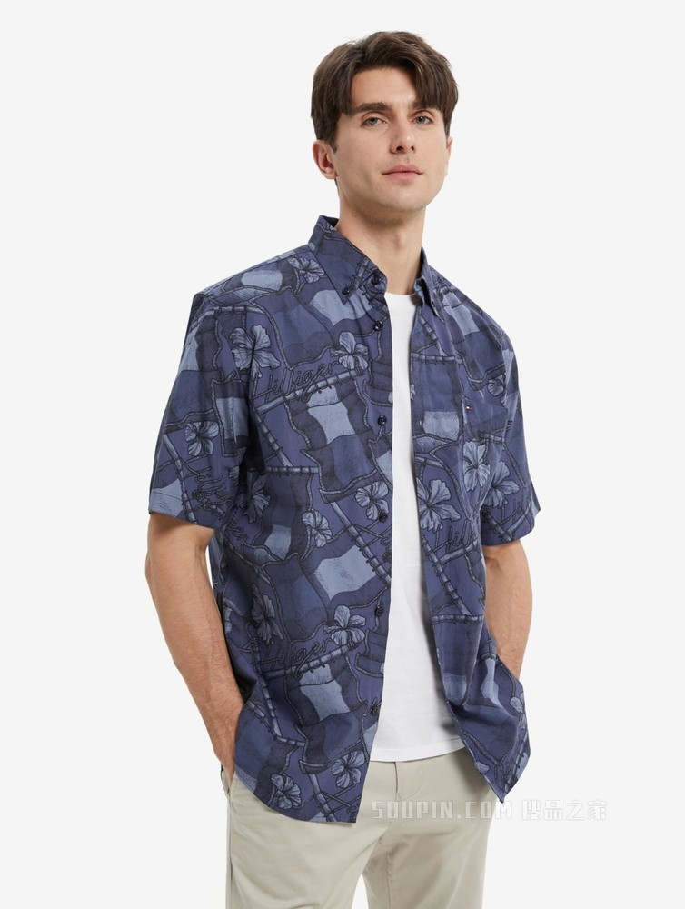 Tommy 22新款春夏男装时尚纯棉府绸花卉图案宽松短袖衬衫23162