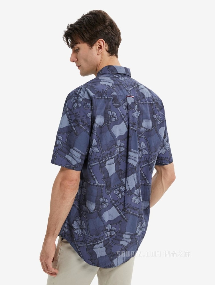 Tommy 22新款春夏男装时尚纯棉府绸花卉图案宽松短袖衬衫23162