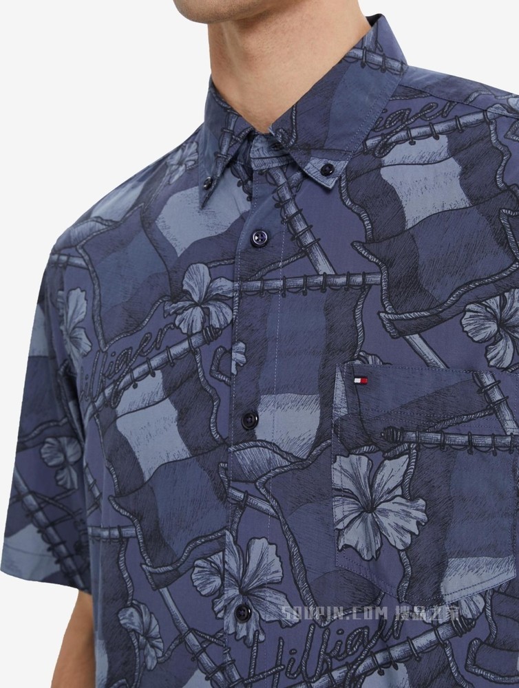 Tommy 22新款春夏男装时尚纯棉府绸花卉图案宽松短袖衬衫23162