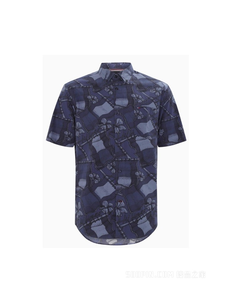Tommy 22新款春夏男装时尚纯棉府绸花卉图案宽松短袖衬衫23162