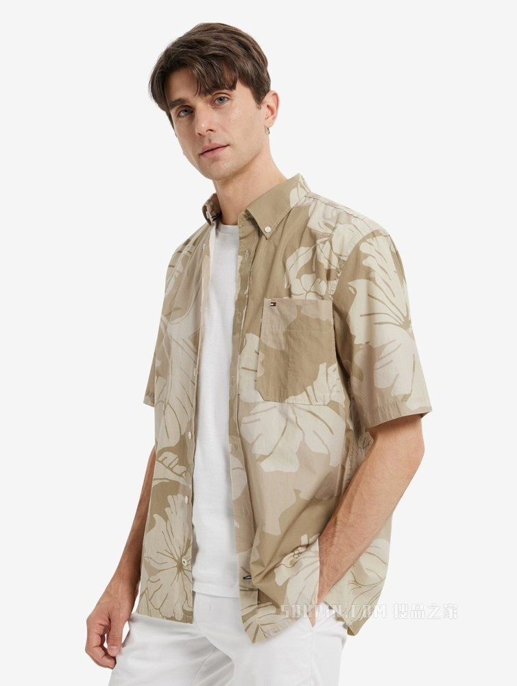 Tommy 22新款春夏男装纯棉府绸夏威夷印花宽松短袖衬衫MW0MW23173