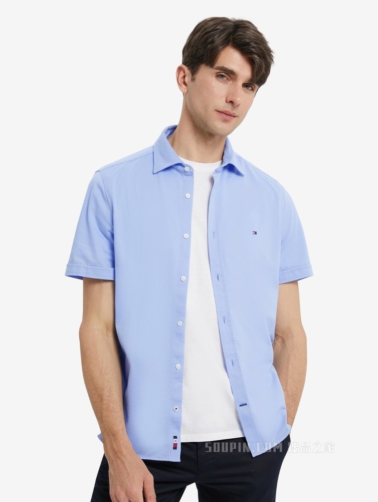 Tommy 22新款春夏男装商务挺括小绣标翻领修身短袖衬衫MW0MW23135