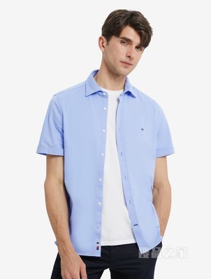 Tommy 22新款春夏男装商务挺括小绣标翻领修身短袖衬衫MW0MW23135