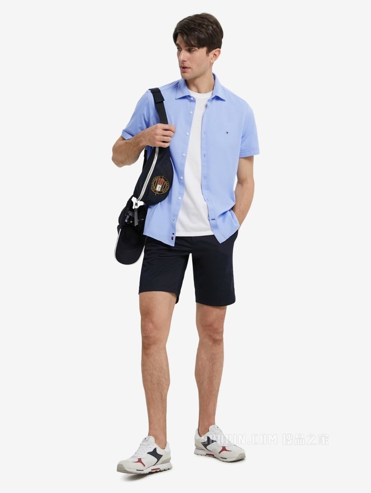 Tommy 22新款春夏男装商务挺括小绣标翻领修身短袖衬衫MW0MW23135
