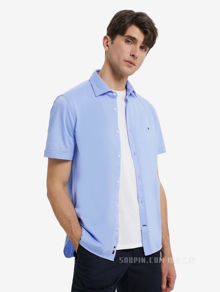 Tommy 22新款春夏男装商务挺括小绣标翻领修身短袖衬衫MW0MW23135