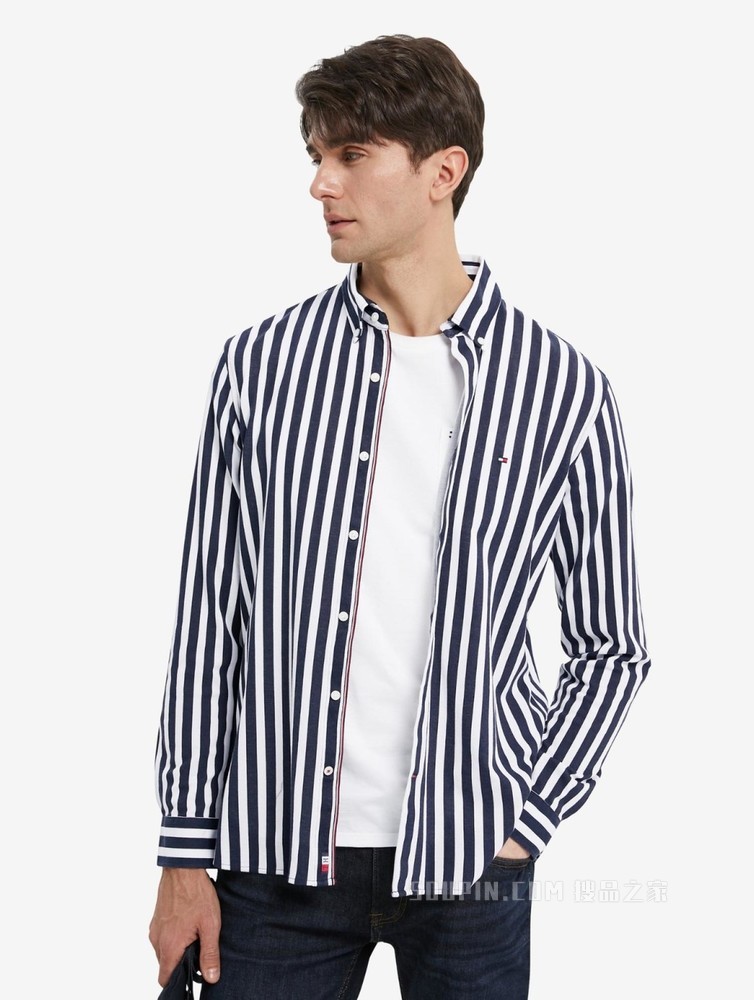 Tommy 22新款春夏男装休闲纯棉条纹尖角扣翻领宽松长袖衬衫27543