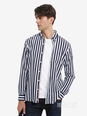 Tommy 22新款春夏男装休闲纯棉条纹尖角扣翻领宽松长袖衬衫27543