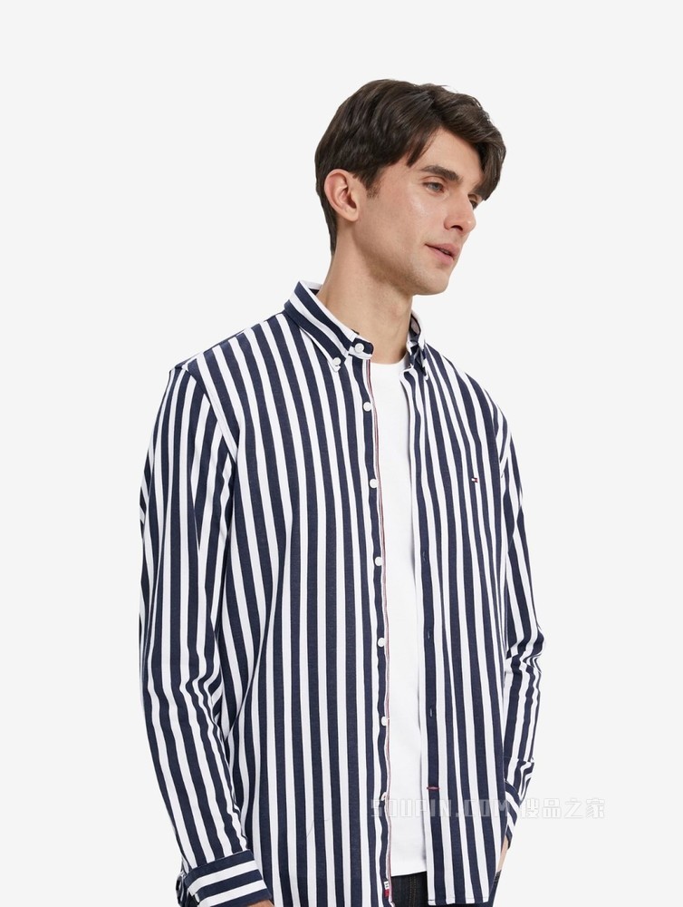 Tommy 22新款春夏男装休闲纯棉条纹尖角扣翻领宽松长袖衬衫27543