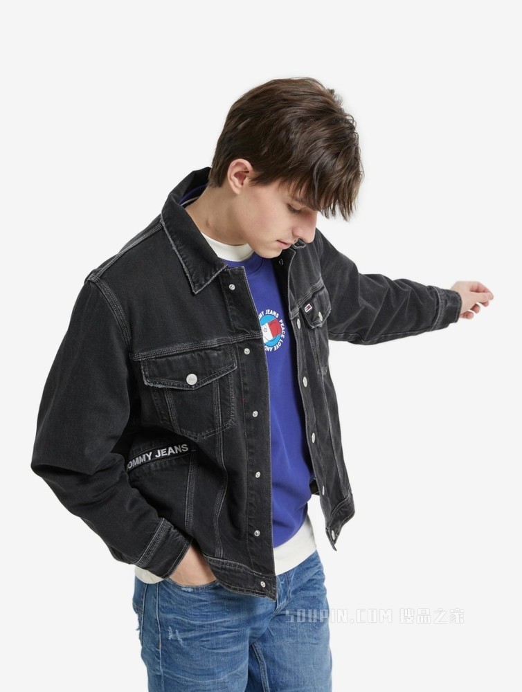 Tommy 22新款春夏男女同款复古多口袋刺绣毛边宽松牛仔外套12462
