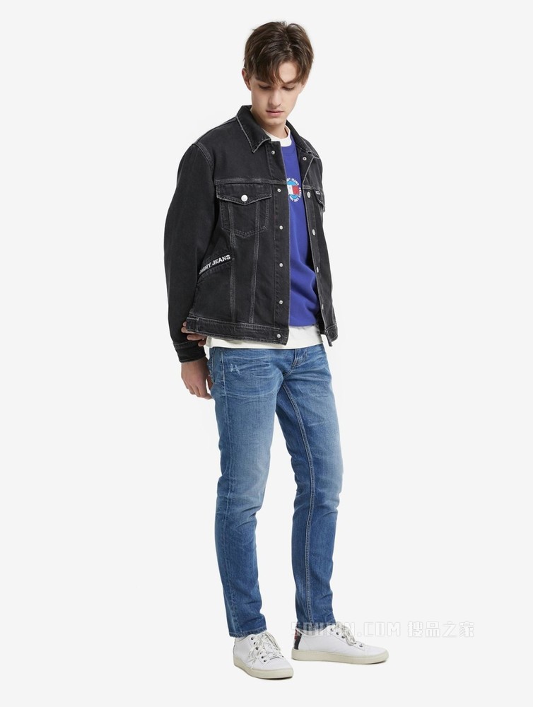 Tommy 22新款春夏男女同款复古多口袋刺绣毛边宽松牛仔外套12462