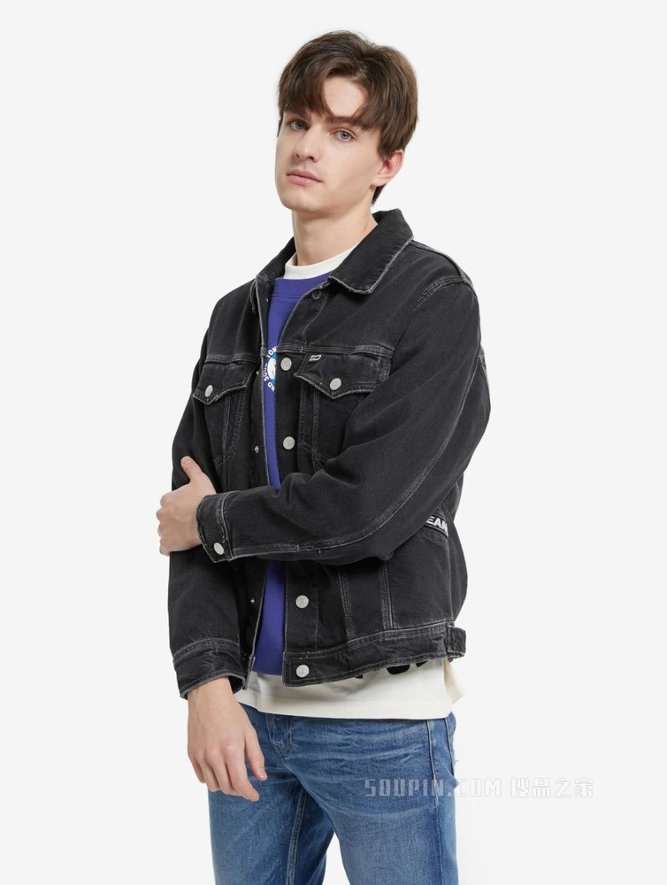 Tommy 22新款春夏男女同款复古多口袋刺绣毛边宽松牛仔外套12462