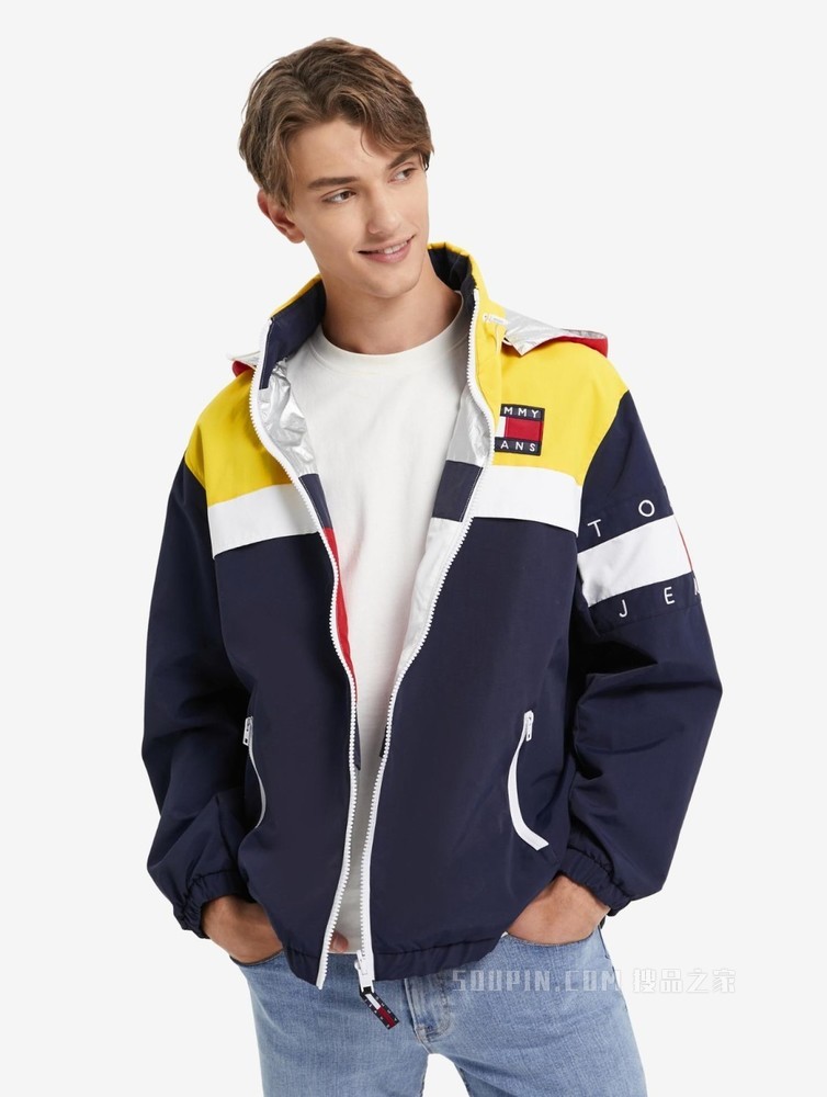 Tommy 22新款春夏男女同款双面穿撞色可收纳连帽单夹克外套13733