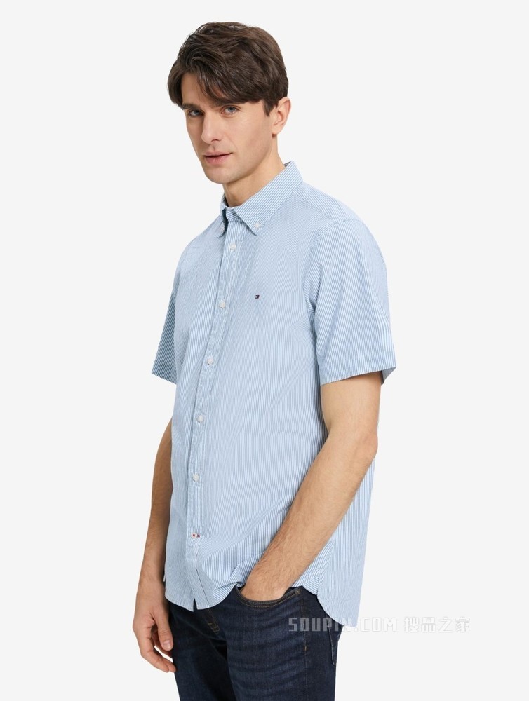 Tommy 22新款春夏男装休闲舒适尖角扣绣标条纹翻领短袖衬衫21479