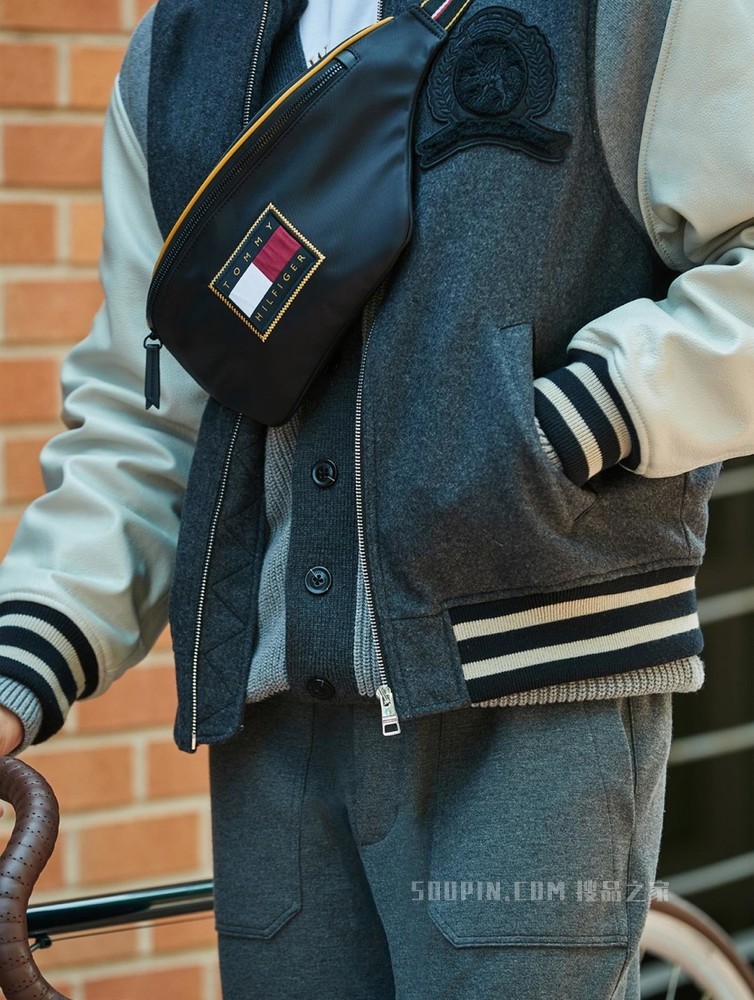 Tommy【金秀贤同款】22新款男装羊毛混纺牛皮拼接棒球领夹克22490