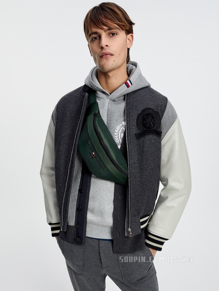 Tommy【金秀贤同款】22新款男装羊毛混纺牛皮拼接棒球领夹克22490