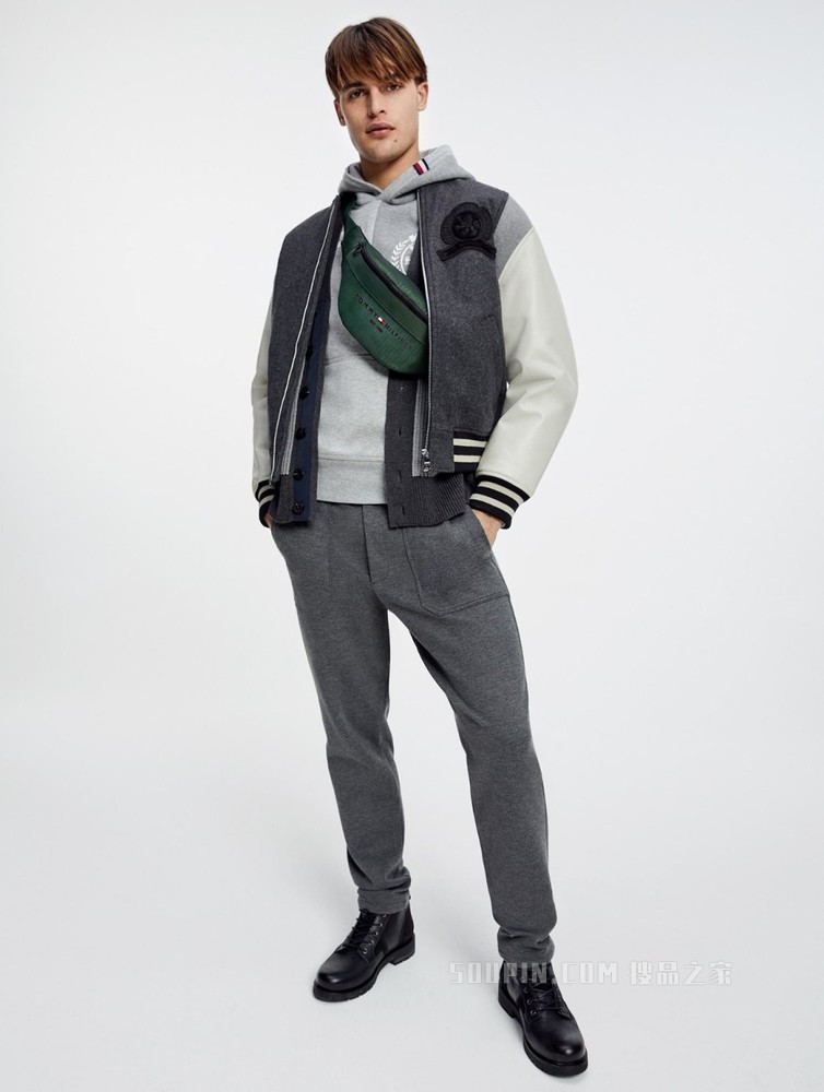 Tommy【金秀贤同款】22新款男装羊毛混纺牛皮拼接棒球领夹克22490