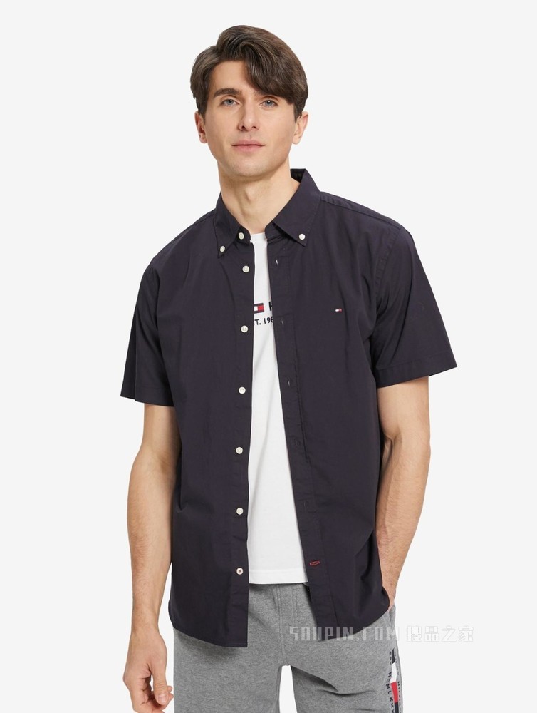 Tommy 22新款春夏男装简约商务尖角扣翻领短袖衬衫MW0MW20977