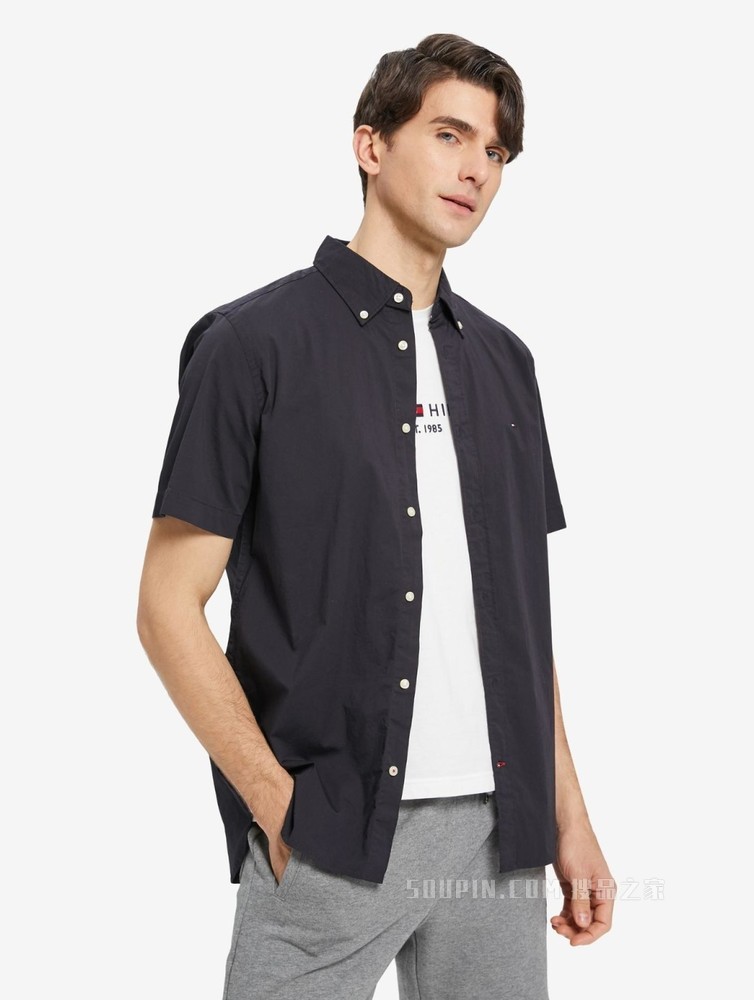 Tommy 22新款春夏男装简约商务尖角扣翻领短袖衬衫MW0MW20977