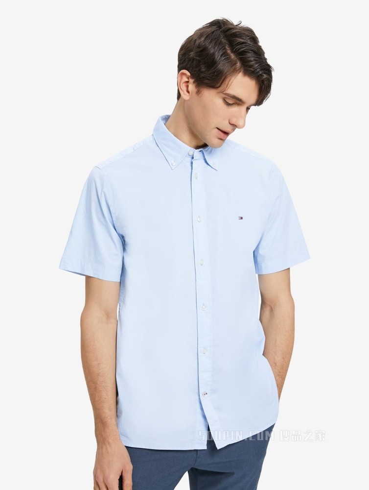 Tommy 22新款春夏男装简约商务尖角扣翻领短袖衬衫MW0MW20977