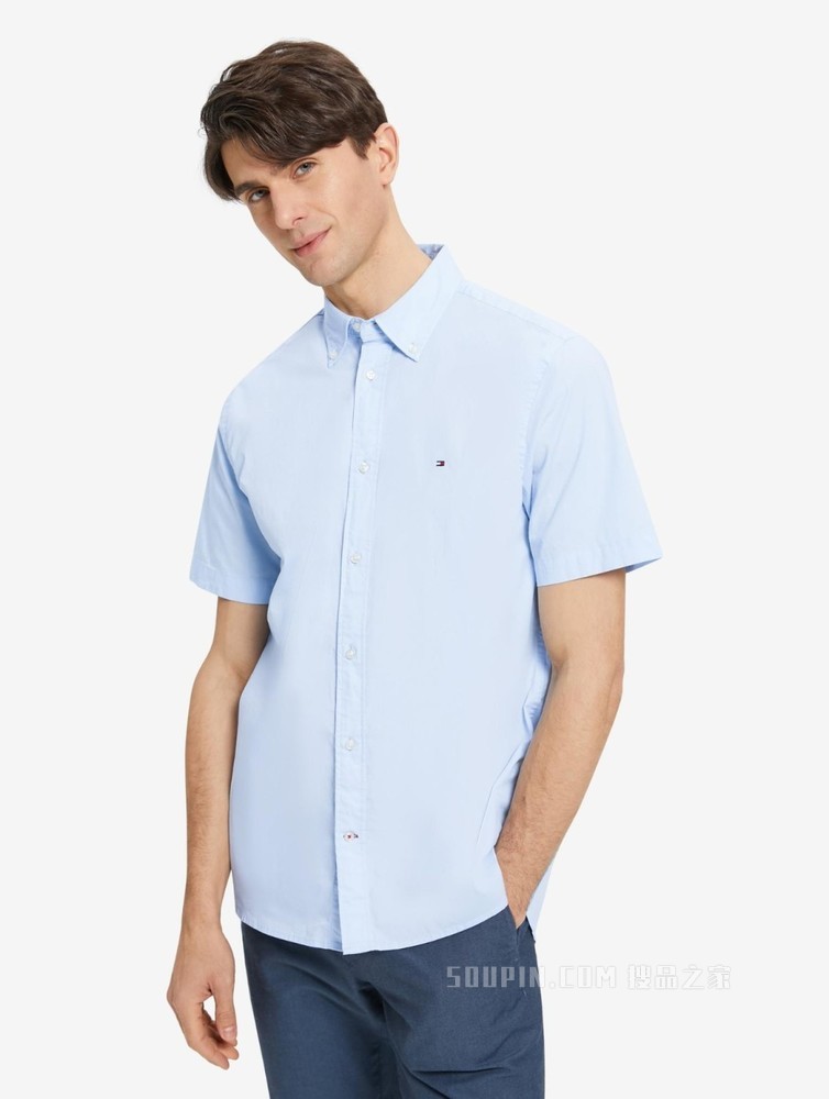 Tommy 22新款春夏男装简约商务尖角扣翻领短袖衬衫MW0MW20977