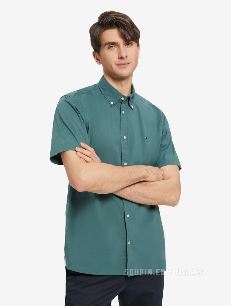 Tommy 22新款春夏男装简约商务尖角扣翻领短袖衬衫MW0MW20977