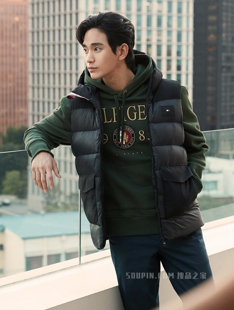 Tommy【金秀贤同款】22新款早春男装贴片大口袋铺棉连帽马甲22485