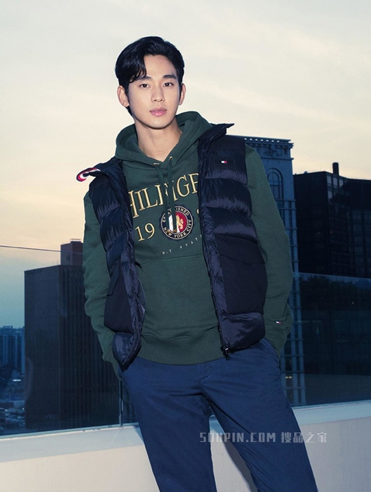 Tommy【金秀贤同款】22新款早春男装贴片大口袋铺棉连帽马甲22485