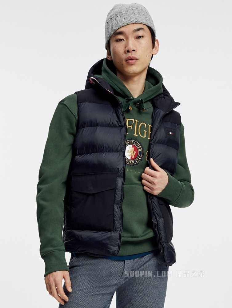 Tommy【金秀贤同款】22新款早春男装贴片大口袋铺棉连帽马甲22485
