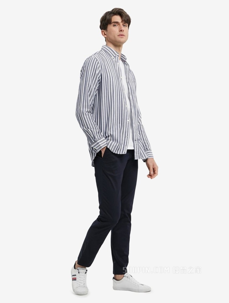 Tommy 22新款春夏男装休闲纯棉绣标条纹翻领长袖衬衫MW0MW23121